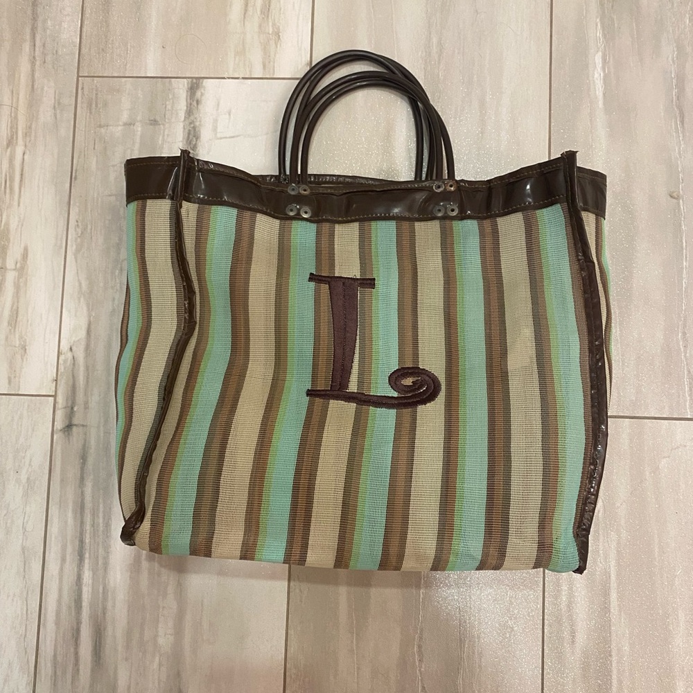 Vintage Mary Jane Neutral Brown and Green Striped Mesh Monogrammed L Tote Bag